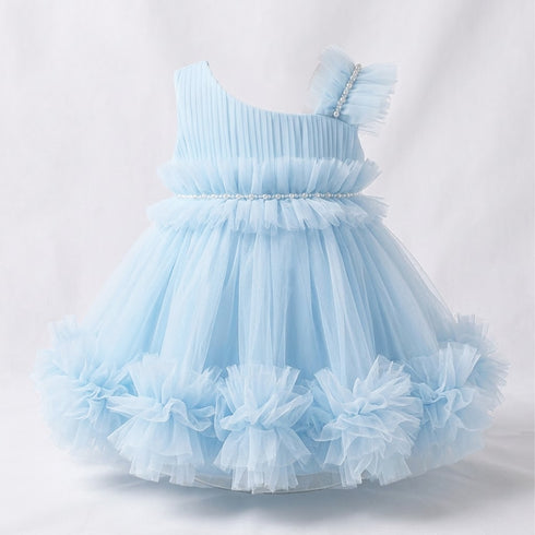 Blue Party Wear Frock One Shoulder Ruffle
