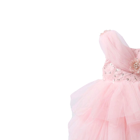 Pink Party Wear Frock Off-Shoulder Tiered Tulle