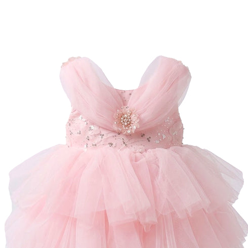 Pink Party Wear Frock Off-Shoulder Tiered Tulle