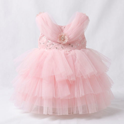 Pink Party Wear Frock Off-Shoulder Tiered Tulle
