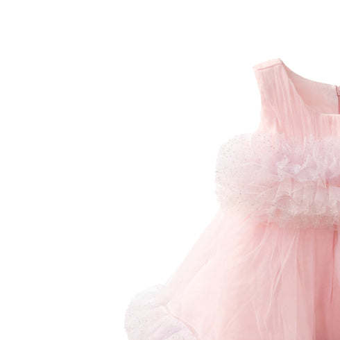 Pink Party Wear Frock Sleeveless Ruffled Tulle