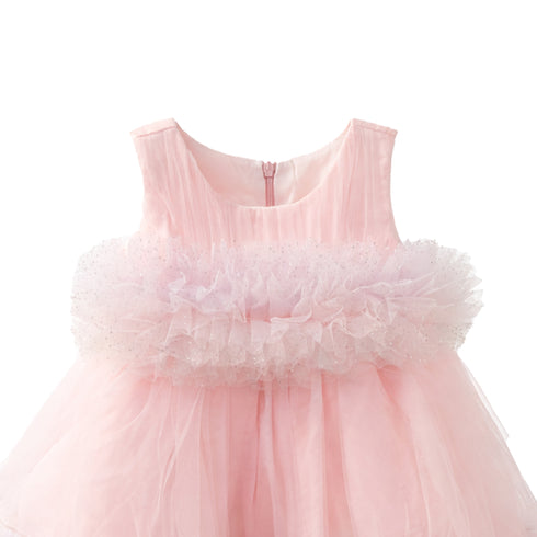 Pink Party Wear Frock Sleeveless Ruffled Tulle