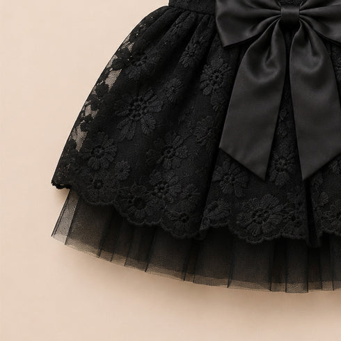 Party Wear Girls Frock Black Embroidered Bowknot