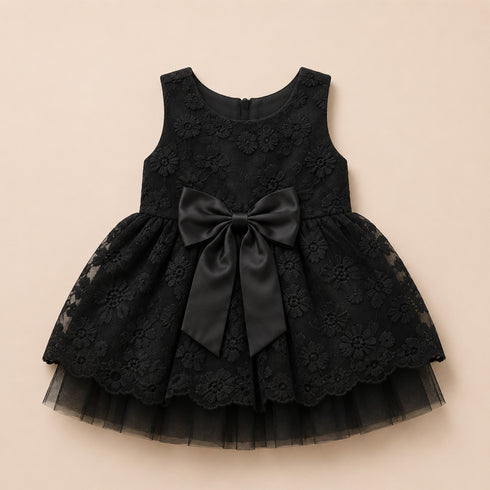 Party Wear Girls Frock Black Embroidered Bowknot