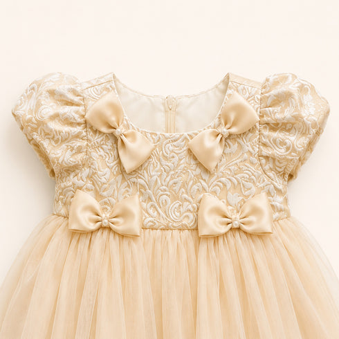 Party Wear Girls Frock Peach Glittered Bowknot