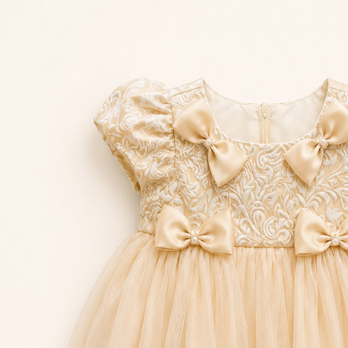 Party Wear Girls Frock Peach Glittered Bowknot