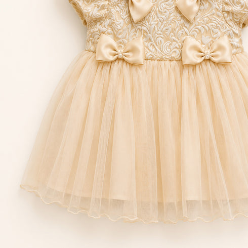 Party Wear Girls Frock Peach Glittered Bowknot