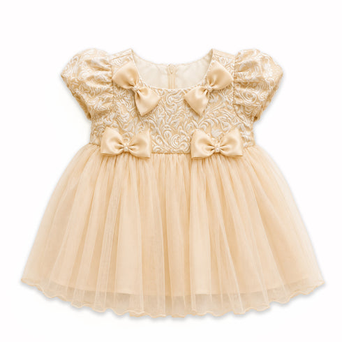 Party Wear Girls Frock Peach Glittered Bowknot