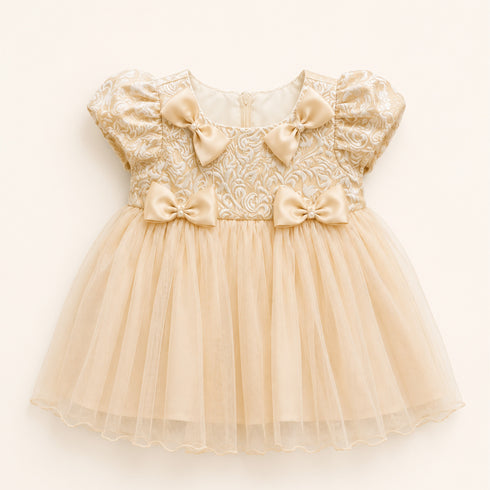 Party Wear Girls Frock Peach Glittered Bowknot