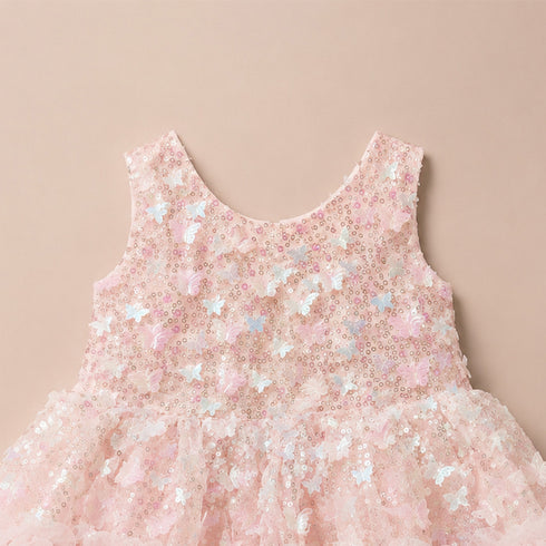 Party Wear Girls Frock Pink Butterfly Sequin Frilled