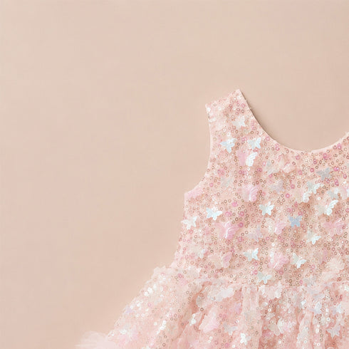 Party Wear Girls Frock Pink Butterfly Sequin Frilled
