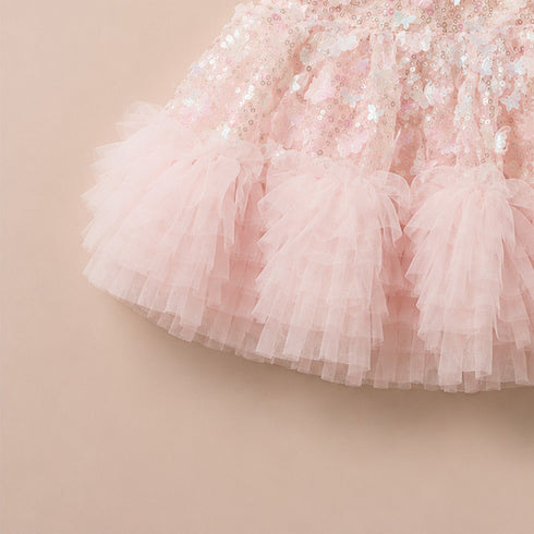 Party Wear Girls Frock Pink Butterfly Sequin Frilled