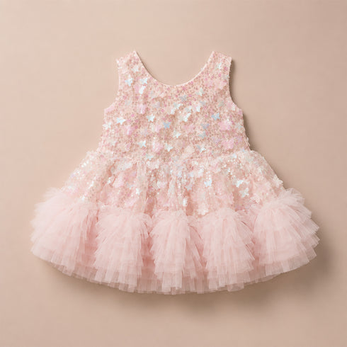 Party Wear Girls Frock Pink Butterfly Sequin Frilled