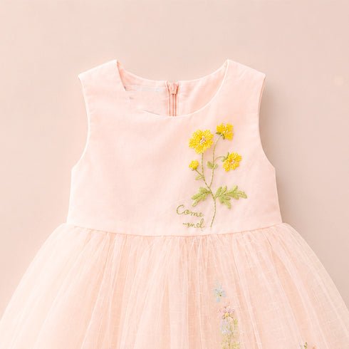 Party Wear Girls Frock Pink Flower Embroidered