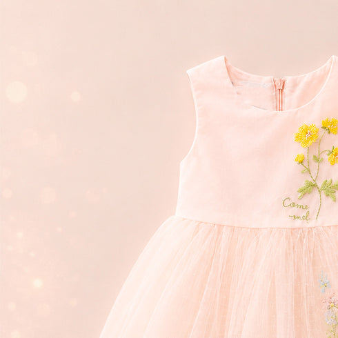 Party Wear Girls Frock Pink Flower Embroidered