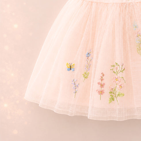 Party Wear Girls Frock Pink Flower Embroidered