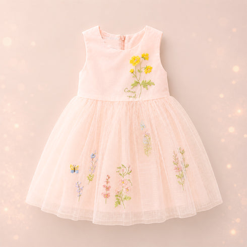 Party Wear Girls Frock Pink Flower Embroidered