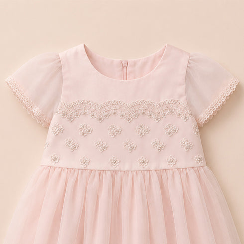 Party Wear Girls Frock Pink Glittered Floral Embroidered