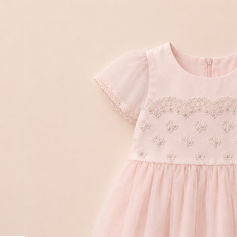 Party Wear Girls Frock Pink Glittered Floral Embroidered