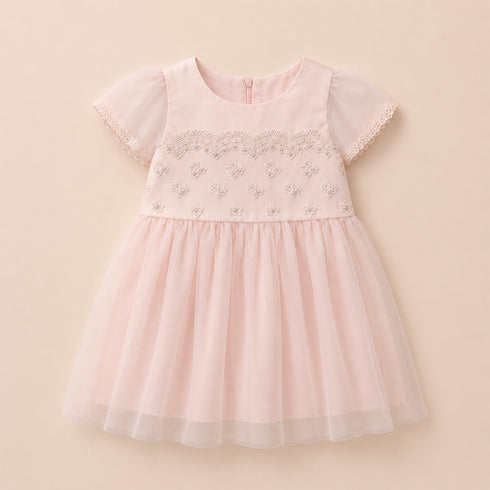 Party Wear Girls Frock Pink Glittered Floral Embroidered