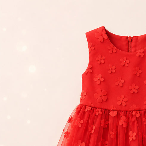 Party Wear Girls Frock Red Floral Design