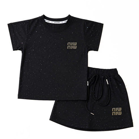 Party Wear Girls Cotton Suit Black Glittered Shirt with Skirt