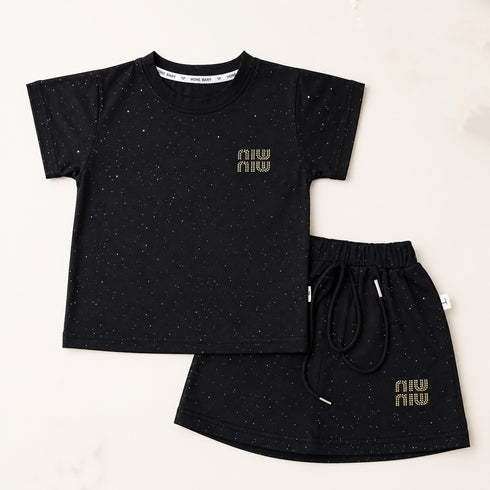 Party Wear Girls Cotton Suit Black Glittered Shirt with Skirt