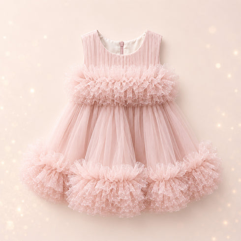 Party Wear Girls Top Style Frock Tea Pink Glittered Frilled