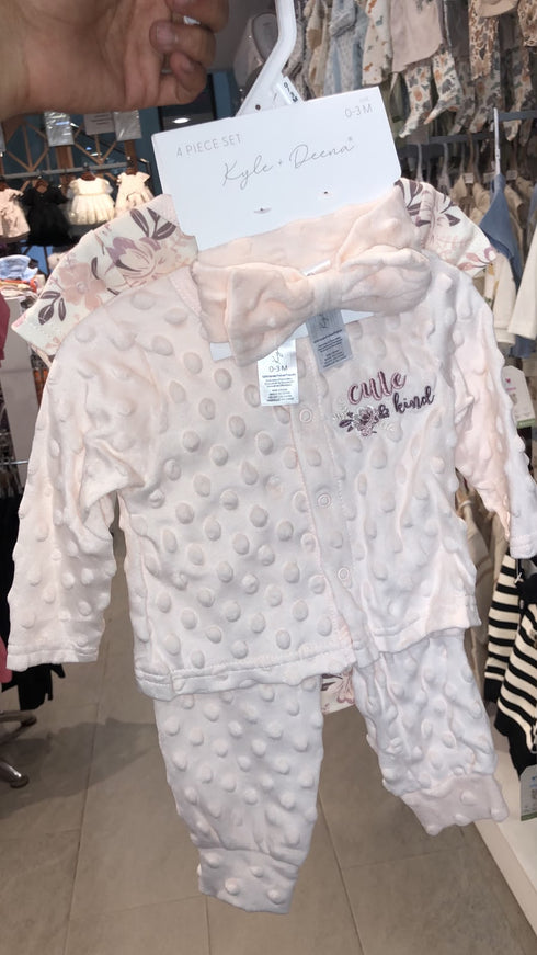 Peach Textured Dot Fleece Baby Girl Dresses Shirt With Bodysuit Trouser Headband 0-9M