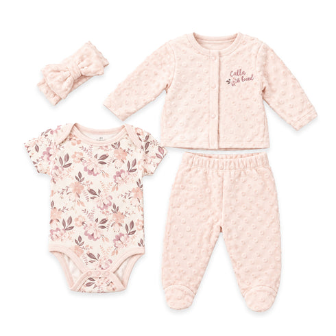 Peach Textured Dot Fleece Baby Girl Dresses Shirt With Bodysuit Trouser Headband 0-9M