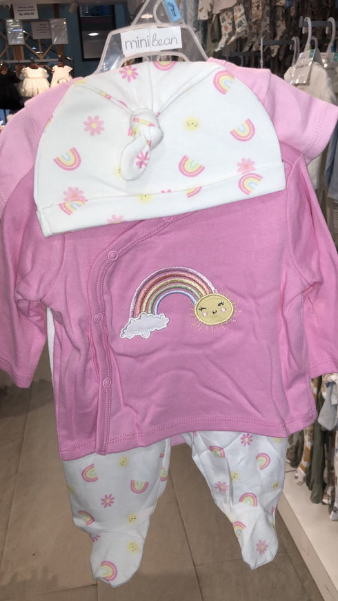 Pink Rainbow Baby Girl Dress Shirt With Bodysuit Trouser Cap Set 0-9M