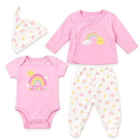 Pink Rainbow Baby Girl Dress Shirt With Bodysuit Trouser Cap Set 0-9M