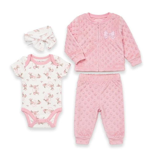 Pink Textured Dot Fleece Baby Girl Dresses Shirt Witth Bodysuit Trouser Headband 0-9M