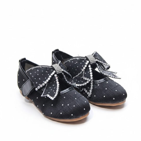 Black Pumps Shoes with Mesh Bow and Crystal Detailing