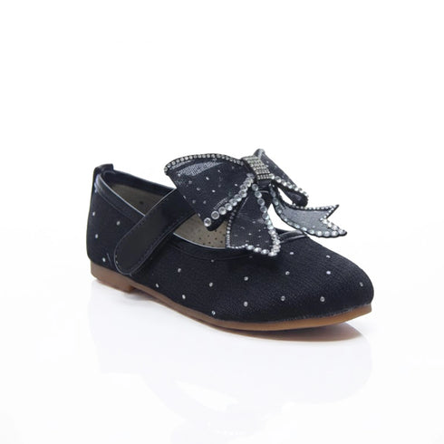 Black Pumps Shoes with Mesh Bow and Crystal Detailing