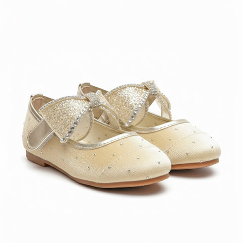 Gold Pumps Shoes with Mesh Bow and Crystal Detailing
