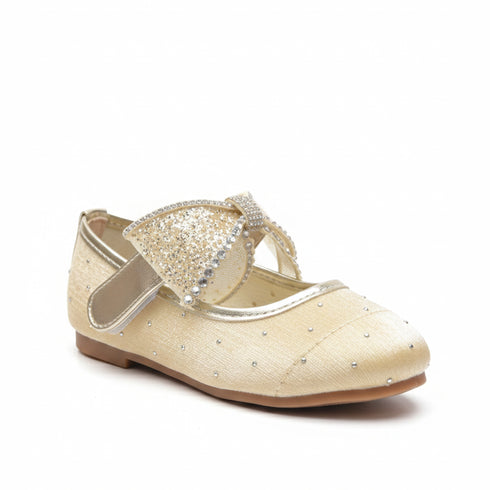 Gold Pumps Shoes with Mesh Bow and Crystal Detailing