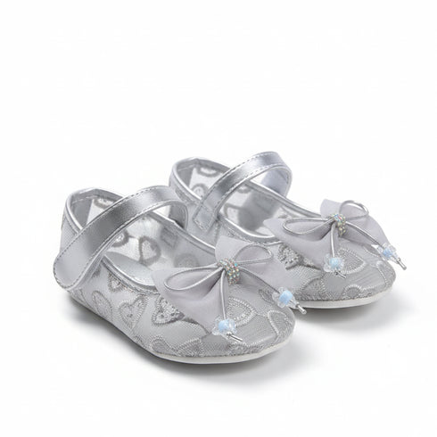 Silver Grey Pumps Shoes with Embroidered Mary Jane Design