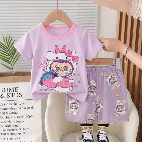 Toddlers Labubu Suit Purple T-Shirt and Shorts Set
