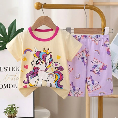 Toddlers Unicorn Suit Beige T-Shirt and Shorts Set