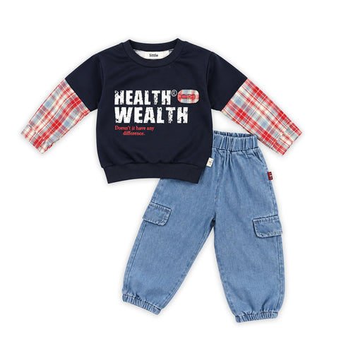 Blue Urban Graphic Toddler Boy Suits Sweatshirt Denim Pants