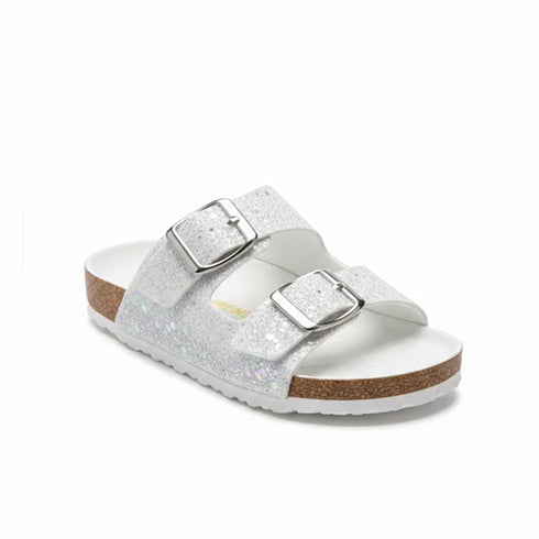 White Glitter Double-Strap Buckle Slides