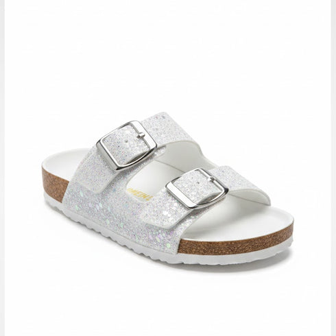White Glitter Double-Strap Buckle Slides