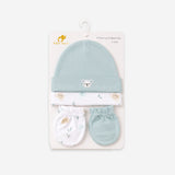 Baby Cap and Mitten Set Green White Printed Embroidered