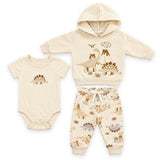 Cotton Fleece Beige Baby Boy Suit Hoodie Bodysuit Trouser Set Dino