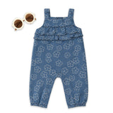 Baby Girls Cotton Jumpsuit Blue Flower Print with Headband