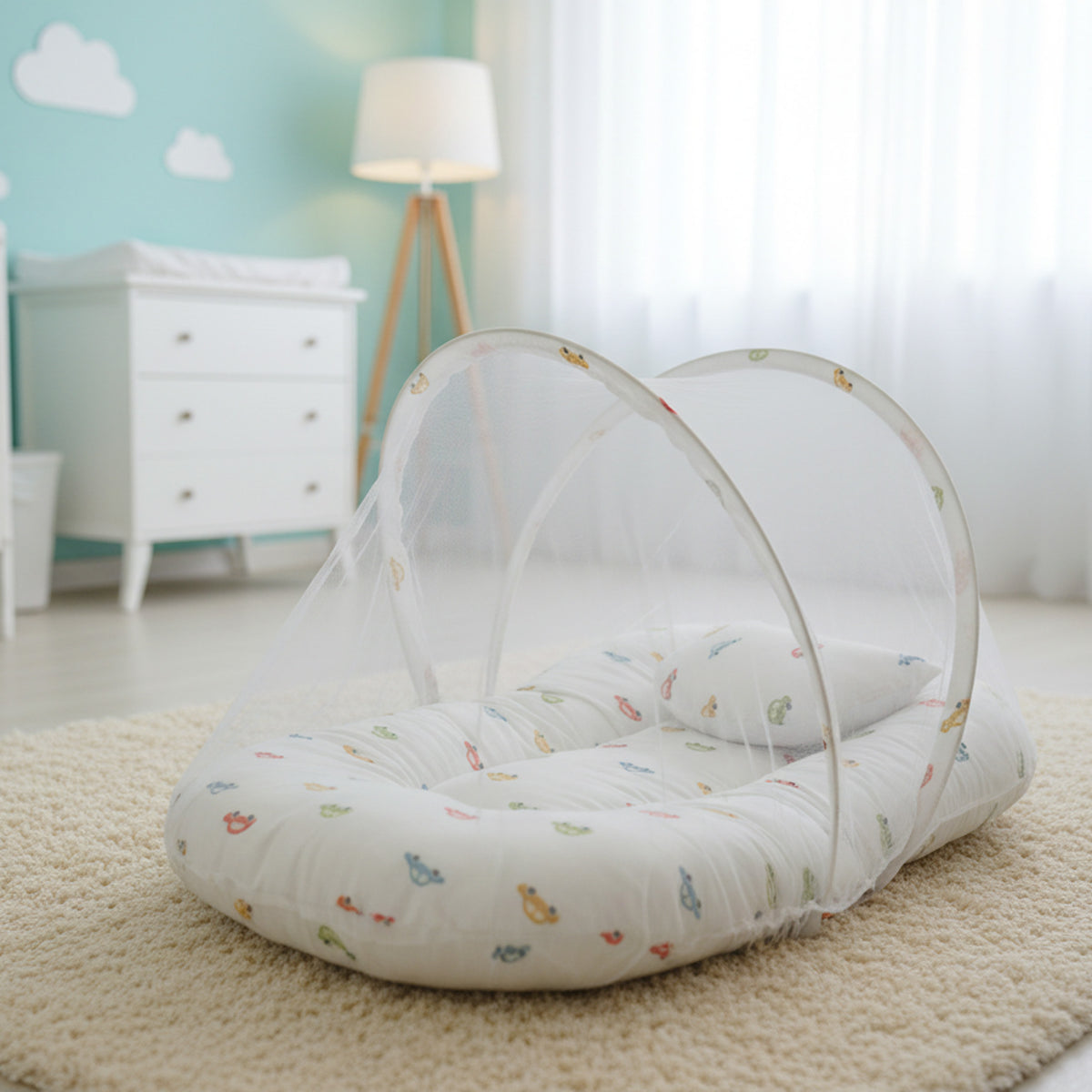 Baby Bed Net with Pillow White Cars – Infantino