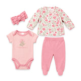 Pink White Floral Baby Girl Suits Set Shirt With Bodysuit Headband & Feet Covered Trouser 0-9M