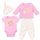 Pink Rainbow Baby Girl Dress Shirt With Bodysuit Trouser Cap Set 0-9M