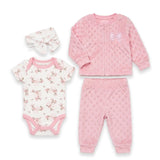 Pink Textured Dot Fleece Baby Girl Dresses Shirt Witth Bodysuit Trouser Headband 0-9M